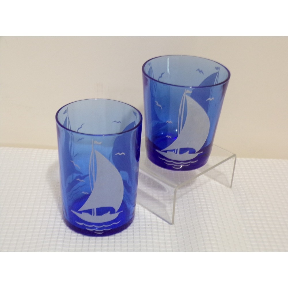 Hazel-Atlas Sailboats/Ships Cobalt Blue Flat 5 oz  & 8oz Tumbler Set  2 Nautical